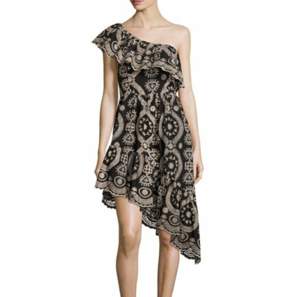 LoveShackFancy Dresses & Skirts - LoveShackFancy Pamela One Shoulder Mini Dress in Black/Cream size Small